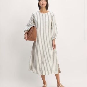 NWT Everlane The Linen A-Line Midi Dress Cream Bone with Navy Blue Stripes Sz 6